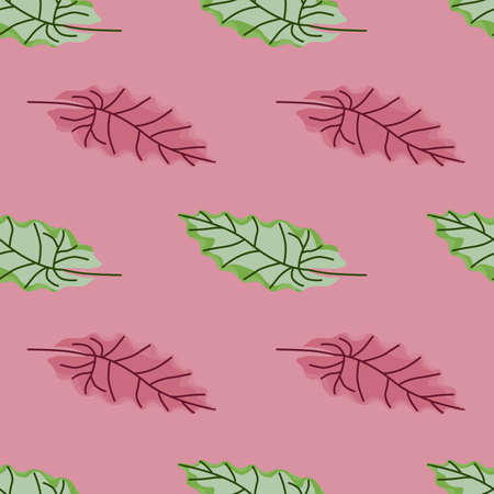 Nature seamless pattern with pink and green colored leaf silhouettes shapes. Lilac background....
