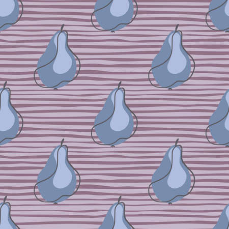 Summer harvest seamless pattern with blue contoured abstract pear fruits shapes. Purple striped...