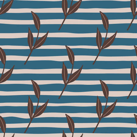 Brown diagonal leaf branches print seamless pattern in doodle style. Blue and gray striped background. Perfect for fabric design, textile print, wrapping, cover. Vector illustration.のイラスト素材