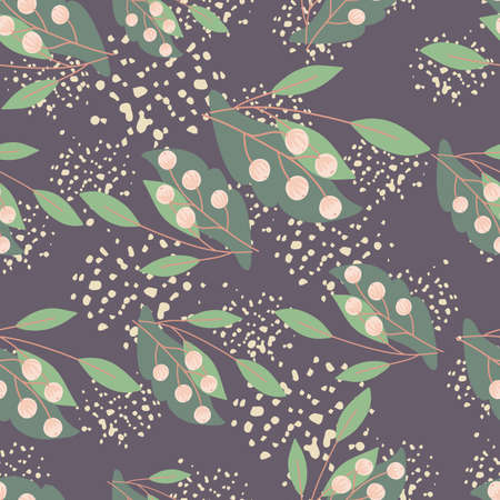 Nature wild seamless pattern with green leaves and rowan berries elements. Purple background with splashes. Designed for fabric design, textile print, wrapping, cover. Vector illustration.のイラスト素材