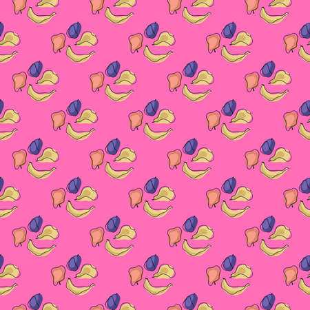 Summer food seamless pattern with doodle bananas, pears, plums and apples. Pink bright background. Designed for fabric design, textile print, wrapping, cover. Vector illustration.のイラスト素材