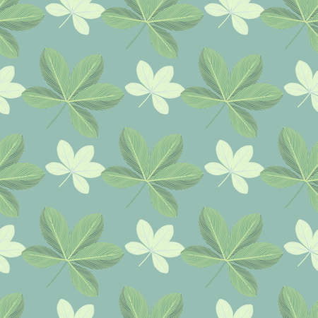 Hand drawn green and white abstract doodle scheffler seamless pattern. Blue background. Botany style. Designed for fabric design, textile print, wrapping, cover. Vector illustration.のイラスト素材