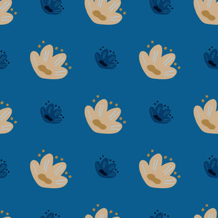 Beige doodle seamless pattern with bloom naive flowers ornament. Blue bright background. Simple style. Designed for fabric design, textile print, wrapping, cover. Vector illustration.のイラスト素材