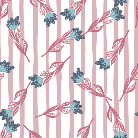 Hand drawn seamless nature pattern with random pink flowers silhouettes. Pink and white striped background. Designed for fabric design, textile print, wrapping, cover. Vector illustration.のイラスト素材