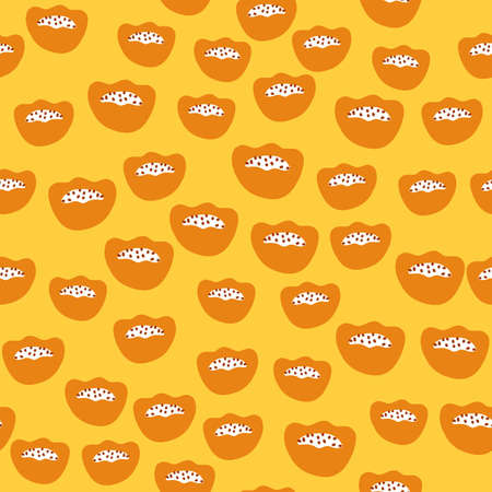 Scandinavian seamless pattern with random little orange abstract kids figures print. Yellow background. Designed for fabric design, textile print, wrapping, cover. Vector illustration.のイラスト素材
