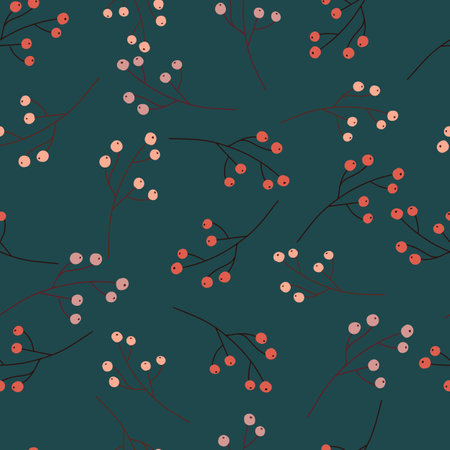 Vintage seamless pattern with decorative pink random organic berry print. Dark turquoise background. Great for fabric design, textile print, wrapping, cover. Vector illustration.のイラスト素材