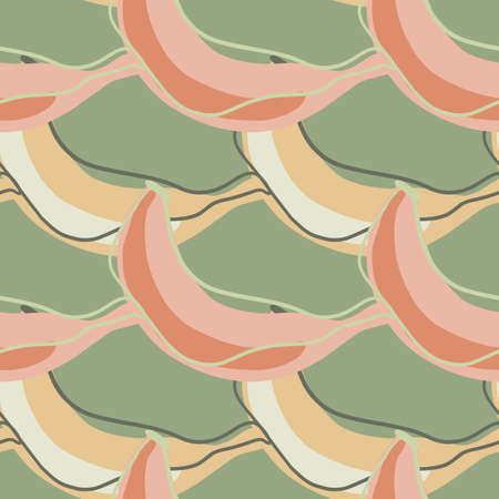 Pale pink and orange contoured banana shapes seamless pattern. Pastel green background. Vegeterian food print. Perfect for fabric design, textile print, wrapping, cover. Vector illustration.のイラスト素材