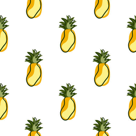 Isolated tropical yellow pineapples seamless pattern in sketch style. White background. Food ornament. Decorative backdrop for fabric design, textile print, wrapping, cover. Vector illustration.のイラスト素材