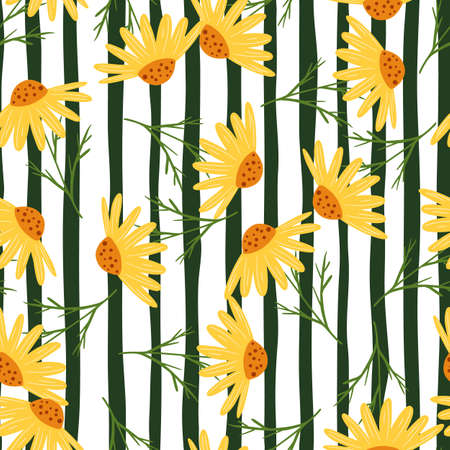Decorative orange random chamomile flowers shapes seamless pattern. Green and white striped background. Designed for fabric design, textile print, wrapping, cover. Vector illustration.のイラスト素材
