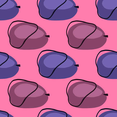 Contoured abstract plums shapes seamless pattern. Navy blue and purple ornament. Pink background. Perfect for fabric design, textile print, wrapping, cover. Vector illustration.のイラスト素材