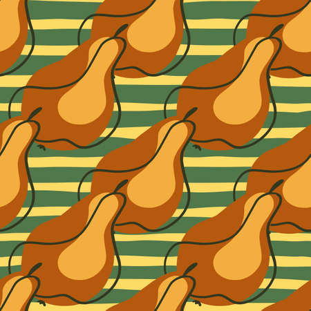 Brown colored pear fruit silhouettes seamless doodle pattern. Green and yellow striped background....