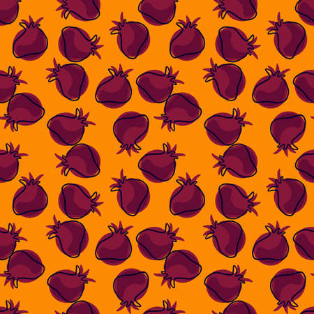 Pomegranate random abstract seamless pattern in doodle style. Orange bright background. Doodle style. Designed for fabric design, textile print, wrapping, cover. Vector illustration.のイラスト素材