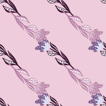 Diagonal flowers ornament seamless pattern on pink background. Lilac ornament. Floral doodle artwork. Designed for fabric design, textile print, wrapping, cover. Vector illustration.のイラスト素材