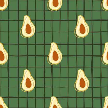 Food healthy seamless pattern with doodle avocado ornament. Green checkered background. Decorative backdrop for fabric design, textile print, wrapping, cover. Vector illustration.のイラスト素材