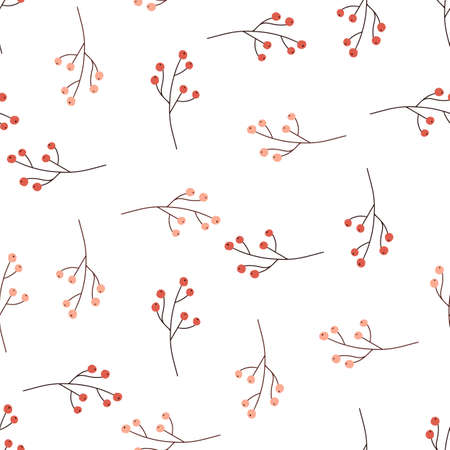 Isolated seamless seasonal pattern with random red berries silhouettes. White background. Simple plants print. Great for fabric design, textile print, wrapping, cover. Vector illustration.のイラスト素材