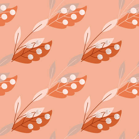 Hand drawn floral seamless pattern with orange doodle rowan berry and leaves ornament. Pink background. Designed for fabric design, textile print, wrapping, cover. Vector illustration.のイラスト素材