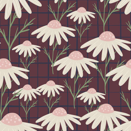 Random seamless botany pattern with simple style daisy elements. Brown background. Gray pale flowers. Designed for fabric design, textile print, wrapping, cover. Vector illustration.のイラスト素材