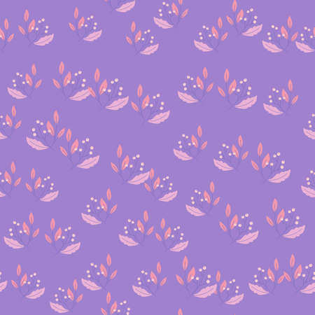 Decorative seamless pattern with little random berry elements print. Purple pastel background. Cute print. Great for fabric design, textile print, wrapping, cover. Vector illustration.のイラスト素材