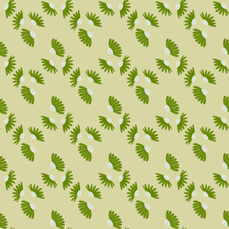 Seamless doodle pattern with little green chamomile simple flowers shapes. Beige background. Spring...
