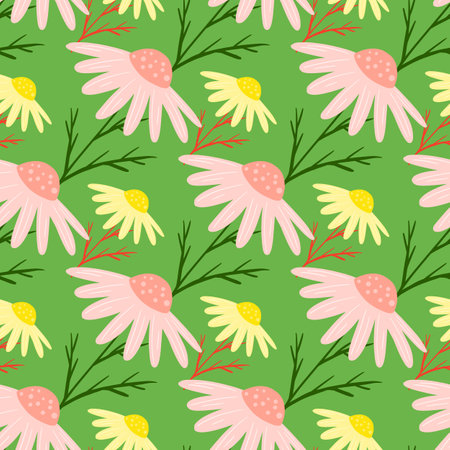 Summer style seamless pattern with cute pink and yellow chamomile flowers shapes. Green background. Designed for fabric design, textile print, wrapping, cover. Vector illustration.のイラスト素材