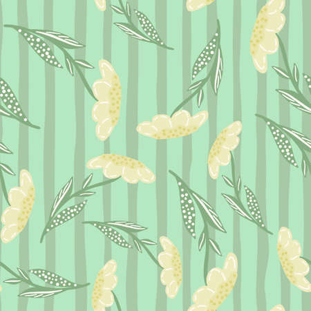 Hand drawn seamless botany pattern with random tender flowers silhouettes. Blue striped background....