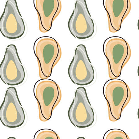 Vegeterian seamless pattern with beige and gray colored abstract avocado shapes. Isolated backdrop. Designed for fabric design, textile print, wrapping, cover. Vector illustration.のイラスト素材