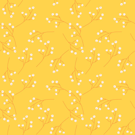 Bright summer seamless pattern with white little random berry print. Yellow background. Seasonal artwork. Perfect for fabric design, textile print, wrapping, cover. Vector illustration.のイラスト素材