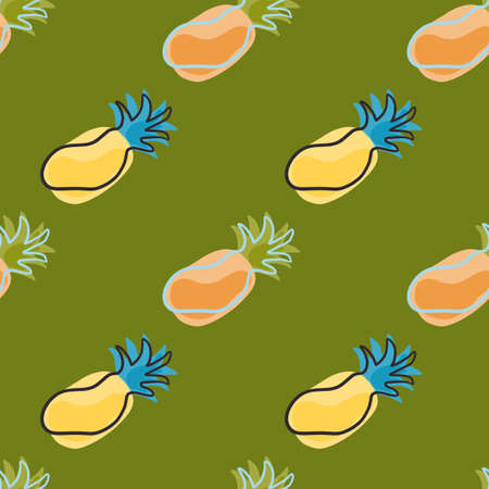 Doodle seamless pattern with fresh organic pineapples elements. Green background. Exotic food....
