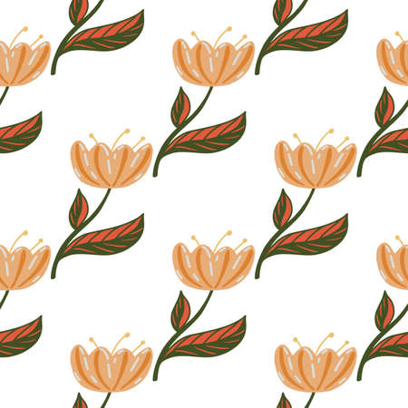 Isolated natural flowers silhouettes seamless pattern in simple style. Tulip ornament on white background. Great for fabric design, textile print, wrapping, cover. Vector illustration.のイラスト素材