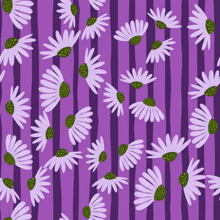 Random bright seamless pattern with simple style daisy flowers silhouettes. Purple striped background. Designed for fabric design, textile print, wrapping, cover. Vector illustration.のイラスト素材
