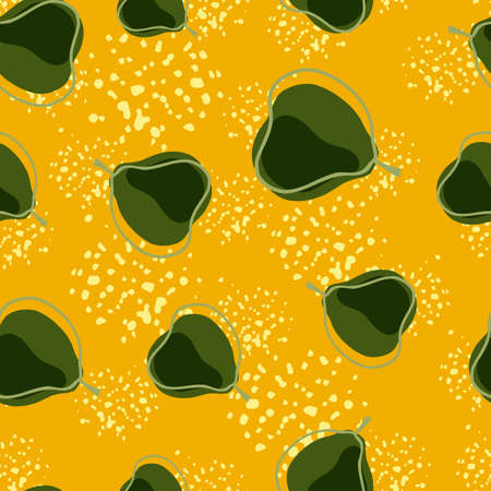 Bright seamless pattern with organic fresh green pears shapes. Yellow background with splashes....