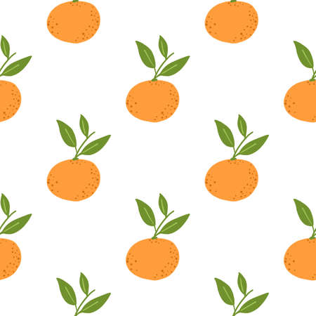 Decorative citrus seamless pattern with orange mandarin print with leaves. Isolated exotic fruit...