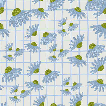 Random seamless pattern with doodle blue chamomile flowers ornament. CHequered background. Designed for fabric design, textile print, wrapping, cover. Vector illustration.のイラスト素材