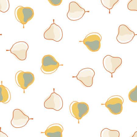 Natural food seamless isolated pattern with pink and yellow contoured pear elements. White...