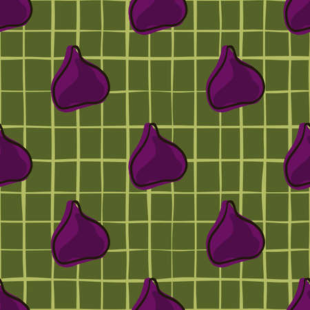 Decorative natural fruits seamless pattern with doodle purple fig ornament. Green checkered background. Designed for fabric design, textile print, wrapping, cover. Vector illustration.のイラスト素材