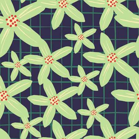 Random green mandarins flower seamless doodle pattern. Navy blue checkered background. Summer style. Perfect for fabric design, textile print, wrapping, cover. Vector illustration.のイラスト素材
