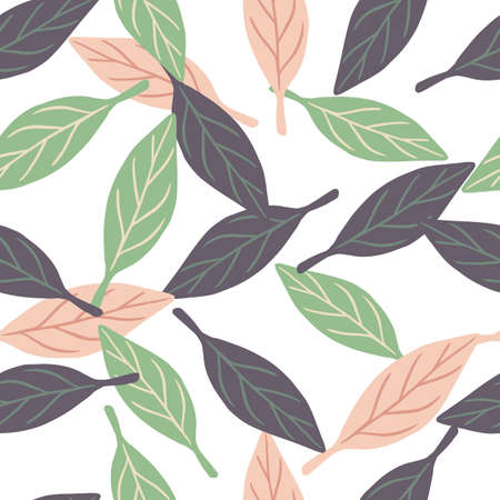 Decorative style seamless pattern with random green, pink and purple leaf ornament. Isolated backdrop. Perfect for fabric design, textile print, wrapping, cover. Vector illustration.のイラスト素材