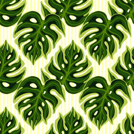 Natural seamless pattern with green monstera elements doodle print. Isolated abstract foliage tropical backdrop. Designed for fabric design, textile print, wrapping, cover. Vector illustration.のイラスト素材