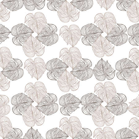 Isolated seamless pattern with pastel purple monstera outline print. Geometric palm foliage shapes. Decorative backdrop for fabric design, textile print, wrapping, cover. Vector illustration.のイラスト素材