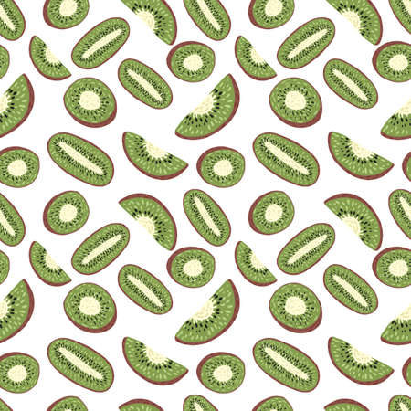 Kiwi slices and half seamless pattern. Food backdrop. Green fruit wallpaper. Isolated on white background. For fabric design, textile print, wrapping, cover. Vector illustration.のイラスト素材