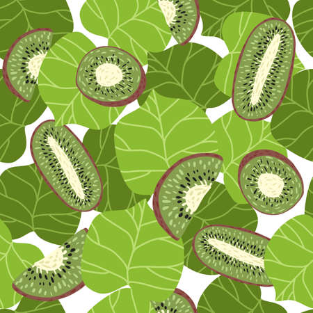 Kiwi seamless pattern. Slices and half fruit wallpaper. Food backdrop. For fabric design, textile print, wrapping, cover. Vector illustration.のイラスト素材
