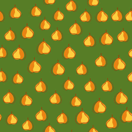 Little orange random pears shapes seamless doodle pattern. Green background. Organic print. Designed for fabric design, textile print, wrapping, cover. Vector illustration.のイラスト素材