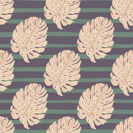 Seamless pattern with doodle pink monstera leaves silhouettes print. Purple striped background. Decorative backdrop for fabric design, textile print, wrapping, cover. Vector illustration.のイラスト素材