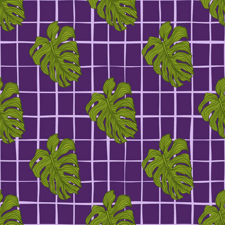 Abstract monstera leaves seamless pattern on lines background. Summer tropic foliage backdrop.のイラスト素材