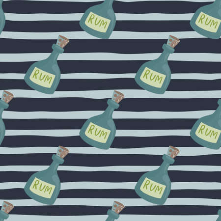Modern seamless pattern with pirate drink rum bottle ornament. Striped blue background. Simple print. Designed for fabric design, textile print, wrapping, cover. Vector illustration.のイラスト素材