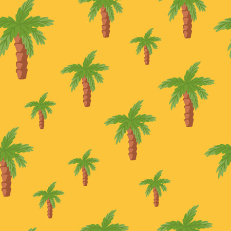 Random green palm tree elements seamless doodle pattern. Orange background. Minimalistic style. Designed for fabric design, textile print, wrapping, cover. Vector illustration.のイラスト素材