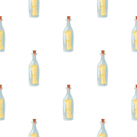 Marine style seamless pattern with hand drawn glass bottle with message print. White background. Isolated print. Designed for fabric design, textile print, wrapping, cover. Vector illustration.のイラスト素材