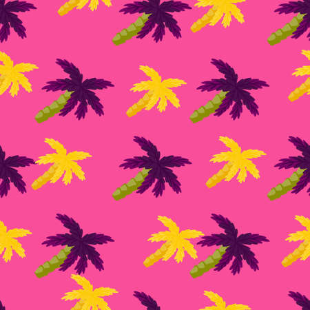 Green and yellow colored palm tropic shapes seamless pattern. Pink bright background. Jungle artwork. Designed for fabric design, textile print, wrapping, cover. Vector illustration.のイラスト素材