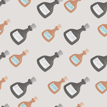 Pub menu design seamless pattern with rum bottles shapes. Gray background. Pastel tones. Alcohol ornament. Designed for fabric design, textile print, wrapping, cover. Vector illustration.のイラスト素材