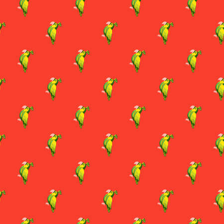 Animal bright seamless pattern with green doodle parrots bird shapes. Red background. Cartoon zoo print. Perfect for fabric design, textile print, wrapping, cover. Vector illustration.のイラスト素材